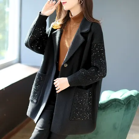 宝诗黎西装领亮片中长款外套2023新款秋季加厚拼接保暖单排扣上衣商品大图