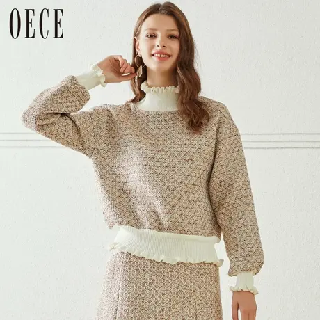 oece春装新款女装 甜心拼色花边立领粉色织花套头上衣春秋商品大图