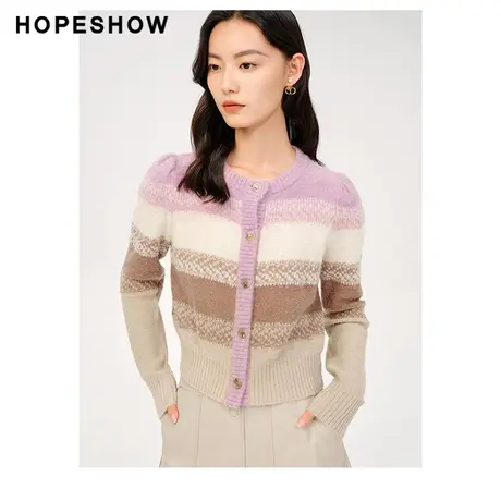 红袖outlets单排扣圆领渐变色开衫hopeshow2023冬款短款针织衫女商品大图