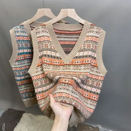 2023新针织马甲背心女外穿V领无袖外套复古拼色内搭坎肩无袖毛衣商品大图