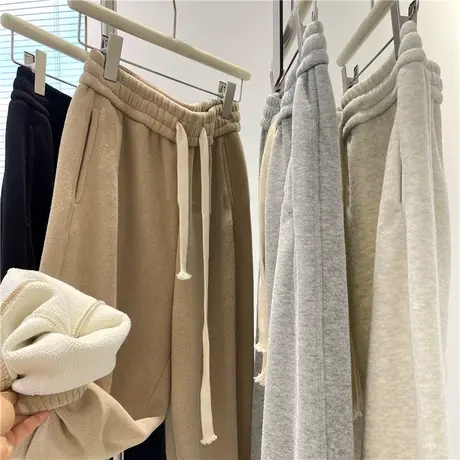 运动抽绳松紧腰阔腿裤女2023年新款秋冬季加绒加厚休闲束脚卫裤潮图片