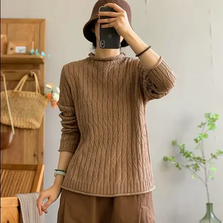 dza 复古半高圆领针织衫秋冬休闲打底衫宽松毛衣百搭套头长袖上衣商品大图