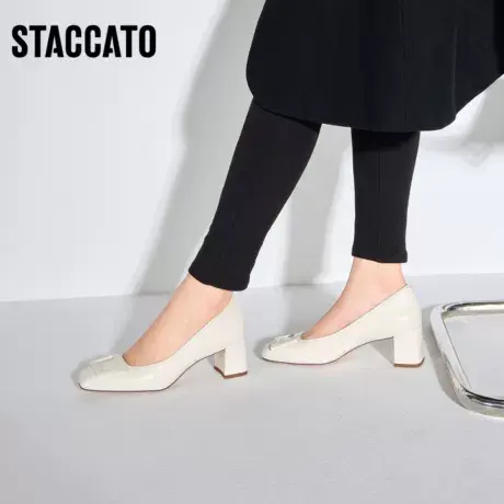 思加图新款奶油鞋通勤高跟鞋方头粗跟浅口单鞋EL101CQ3B图片