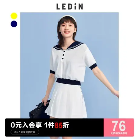 乐町海军领T恤女Polo领白色学院风减龄夏季新款短袖针织上衣图片