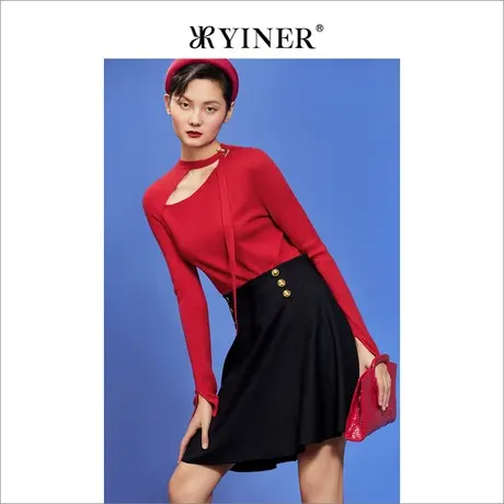 YINER音儿女装秋季开叉袖设计感系带针织衫商品大图