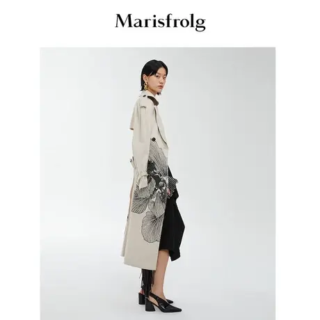 【艺术匠坊】玛丝菲尔时尚气质百搭卡其色撞色印花中长款风衣外套商品大图