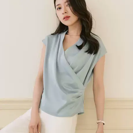 桔熊夏季气质垂感微光泽交叉V领修身落肩短袖上衣女大码AB18342商品大图