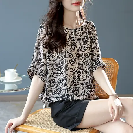 宝诗黎圆领印花蝙蝠袖雪纺衫时尚复古女士上衣2025夏季新款小衫薄图片