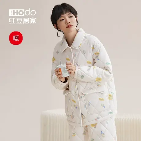 【暖感】红豆夹棉睡衣女冬季加绒加厚可外穿可爱保暖家居服套装商品大图