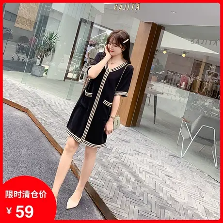 【清仓】新款胖妹妹大码复古连衣裙显瘦黑色宽松拼接V领减龄遮肚商品大图