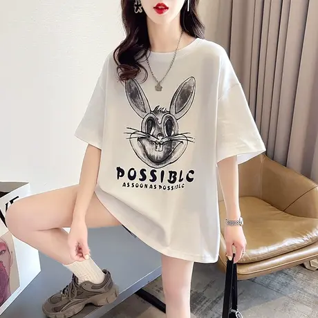 小众设计感短袖t恤女夏季韩版宽松大码女装中长款学生百搭上衣服商品大图