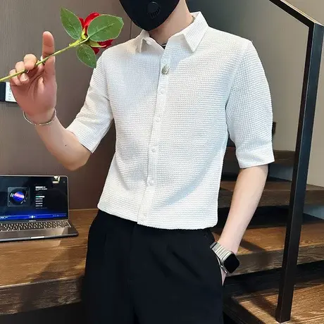 短袖衬衫2023夏季新款纯色简约高级感小众潮男穿搭修身五分袖衬衣商品大图
