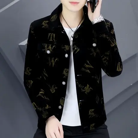 外套男士潮流灯芯绒上衣服春秋男装字母印花春装痞帅短款休闲夹克商品大图