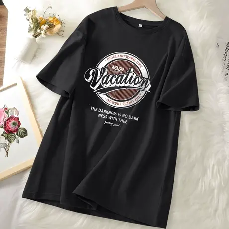 ZR真维斯黑色重磅短袖t恤女2023新款夏季休闲高级感圆领中长t恤潮商品大图