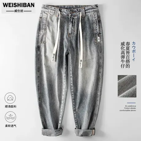 日系复古怀旧机能牛仔工装裤男口袋设计系绳春秋季新款痞帅牛仔裤商品大图