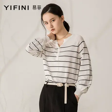 Yifini/易菲合体短款毛衫条纹针织长袖V领套头衫女春秋新款商品大图