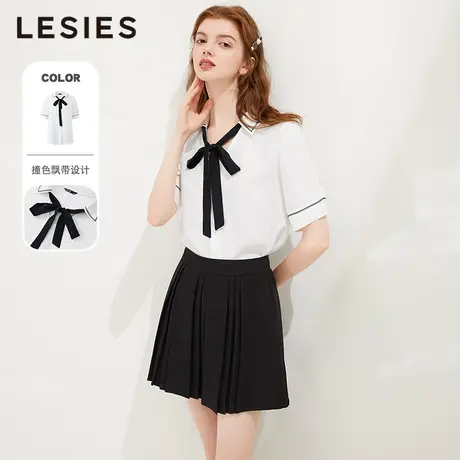 LESIES蓝色倾情夏装新款衬衫绣花衬衫女设计感小众飘带结短袖上衣图片