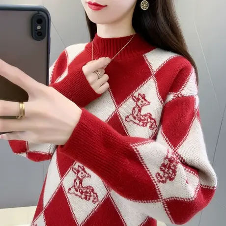 半高领毛衣女士洋气新款2024年秋冬新款菱格减龄提花针织打底衫潮图片