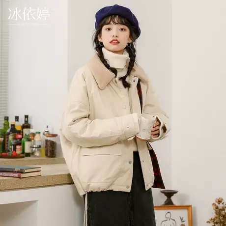 秋冬加厚外套女宽松韩版时尚百搭仿羊羔毛绒翻领棉衣网红潮牌棉服商品大图