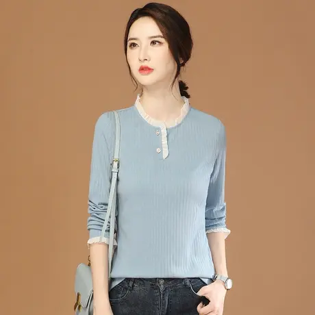 韩潮袭人立领长袖气质T恤女2024春季新款宽松休闲显瘦上衣蕾丝衫图片