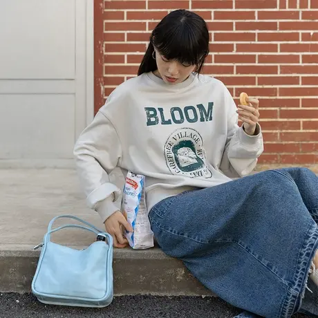 omont蛋挞家 复古灰色印花oversize卫衣女2023新款宽松设计感上衣图片