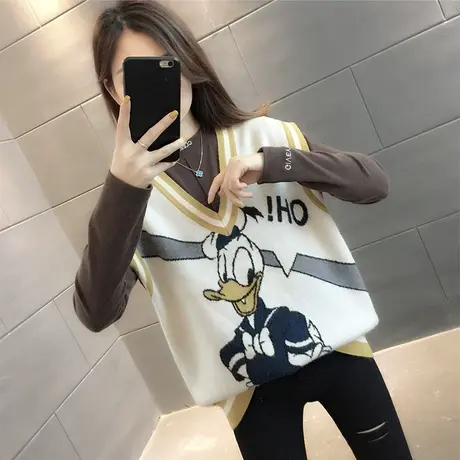 可爱卡通唐老鸭V领针织毛衫女202春新款女宽松百搭无袖背心图片