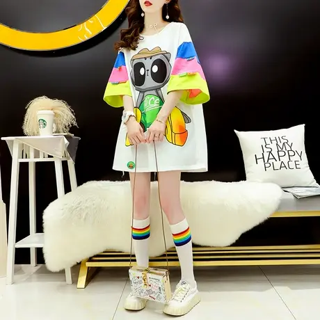 韩版卡通宽松中长款短袖T恤女2024新款夏季网红ins潮超火正肩上衣商品大图