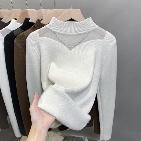 一体绒半高领毛衣女加绒加厚打底衫2023秋冬新款针织衫内搭上衣潮商品大图