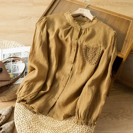 享永子苎麻衬衫女文艺复古棉麻上衣宽松显瘦木耳边领2024春季新款商品大图