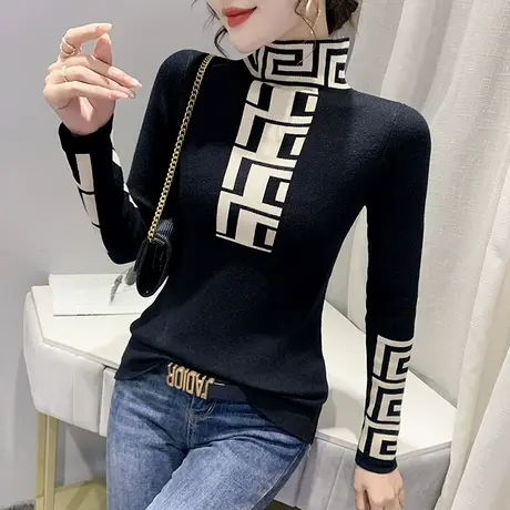 半高领毛衣女春秋2023新款欧货撞色刺绣针织衫内搭长袖打底上衣服商品大图