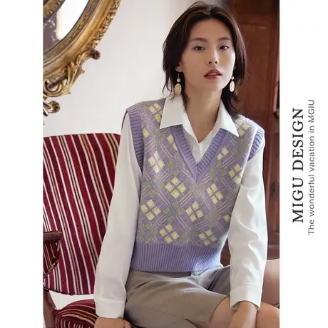 弥古拼色毛衣针织马甲女秋冬外穿内搭v领叠穿毛线背心格子小坎肩商品大图