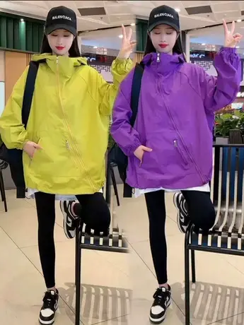 欧货2023春秋款休闲潮牌斜拉链连帽冲锋衣外套女别致夹克风衣上衣商品大图