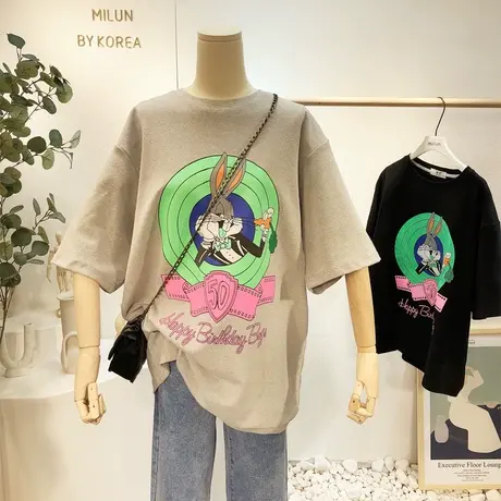 2021春装新款磨毛加厚半袖T恤韩国东大门宽松BF卡通打底欧货大码图片