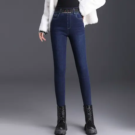 加绒牛仔裤高腰小脚裤松紧腰休闲裤女秋冬季2023新款加厚长裤子商品大图