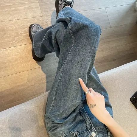 复古蓝阔腿牛仔裤女窄版春秋新款高腰宽松显瘦ins小个子直筒长裤商品大图