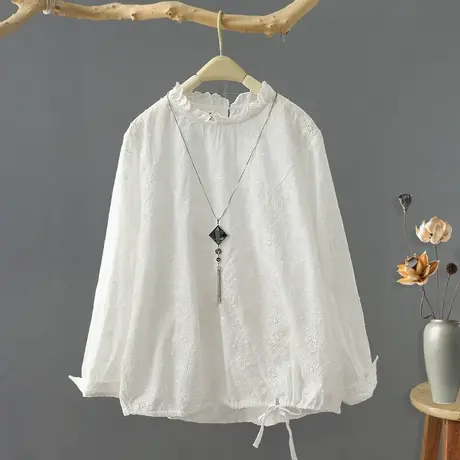 文艺范木耳花边圆领长袖衬衫女设计感小众刺绣打底衫休闲衬衣女装商品大图
