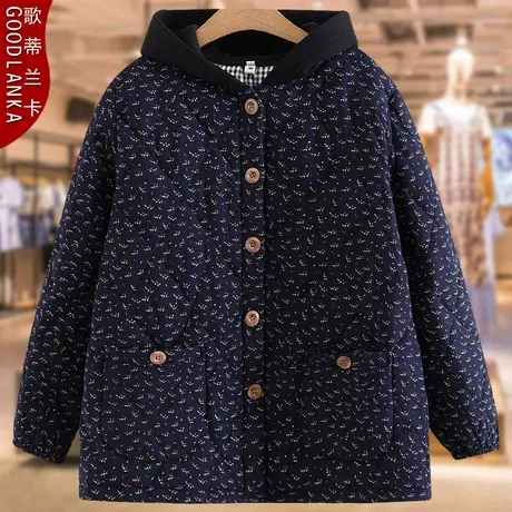 大码中老年妈妈冬装中长款棉服宽松洋气碎花连帽加厚保暖棉衣外套商品大图