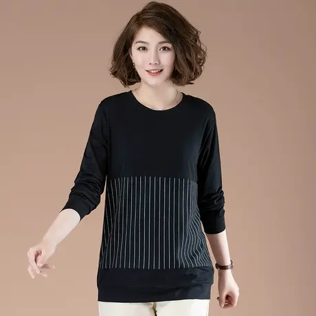 加肥加大码女装长袖t恤女春秋季中年妈妈上衣纯棉条纹显瘦打底衫商品大图