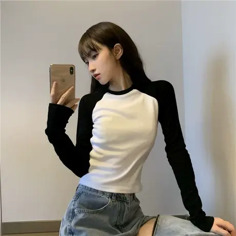 复古美式紧身辣妹T恤女秋冬长袖内搭短款打底衫甜辣早秋chic上衣商品大图