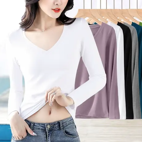 白色纯棉V领长袖t恤秋季薄款女上衣正肩修身显瘦内搭鸡心领打底衫图片