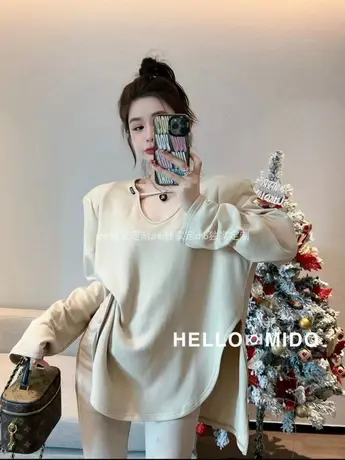 韩国23秋冬宽松领口设计百搭条纹纯色垫肩开衩磨毛长袖T恤打底衫商品大图