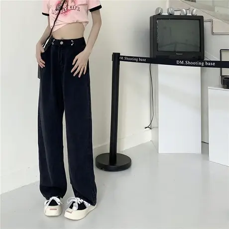 设计感拖地黑色牛仔裤女秋季新款高腰宽松阔腿裤裤子直筒显瘦长裤商品大图