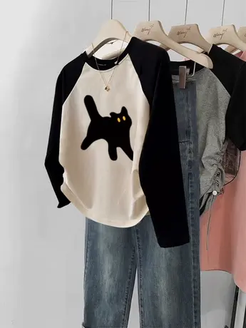 卡通猫咪设计感长袖T恤女秋季新款韩版chic插肩短款打底衫上衣ins商品大图