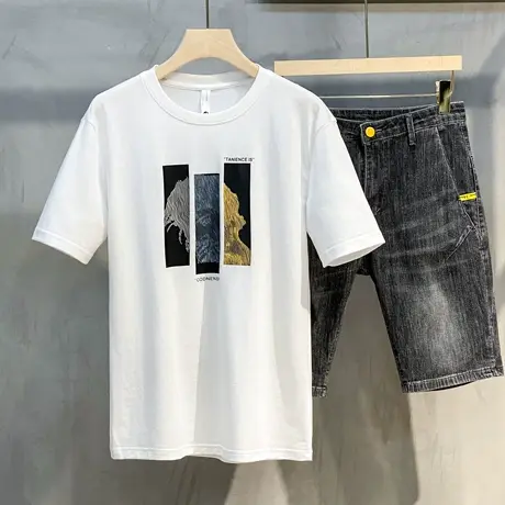 2023男士短袖T恤夏季潮流新款休闲百搭白色T恤圆领半袖打底衫上衣图片