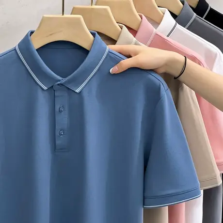 条纹领英伦男装半袖Polo衫22夏短袖翻领T恤丝光透气纯色简约保罗商品大图