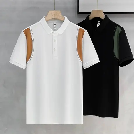 丝光珠地棉 拼接短袖polo衫男士2023夏季新款冰丝T恤休闲翻领体恤商品大图