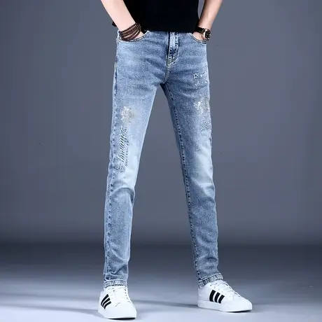 烫钻印花牛仔裤男款修身小脚2023新款休闲弹力秋冬潮流男裤子潮流商品大图