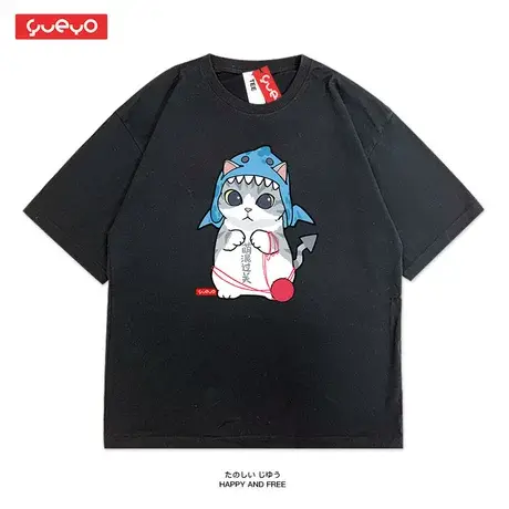 悦游 鲨猫 萌混过关 萌系猫图案短袖T恤男日系卡通可爱男生夏装夏商品大图