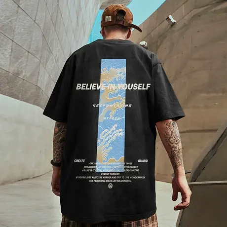 2024美式重磅潮牌宽松T恤短袖五分袖国潮加肥加大码男装夏季半袖商品大图