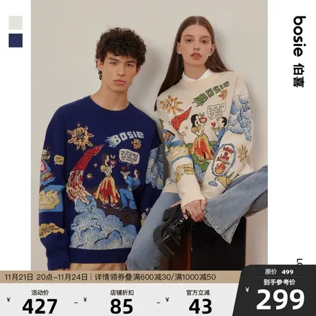 bosie2024年春季新款套头毛衣男情侣复古手绘插画设计感针织衫潮商品大图